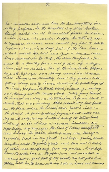 Moe Howard's Handwritten Manuscript Page When Writing His Autobiography -- Moe Declares War Against His Gophers, ''I set traps, I ran the water hose...my rifle in hand''--  Single 8'' x 12.5'' Page